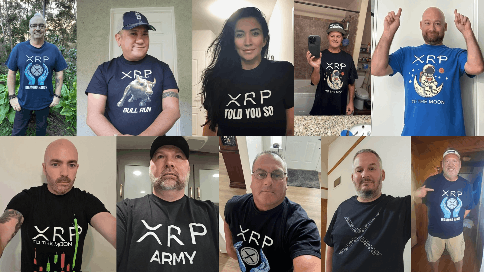 Collage of people wearing various XRP-themed shirts and accessories.